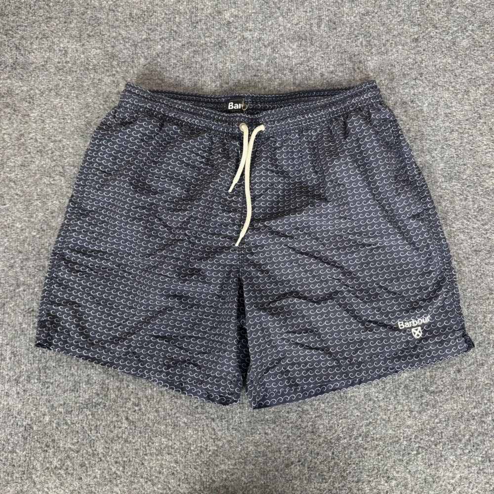 Barbour Mens Small Navy Blue Wave Print Swim Trunks Shorts Mesh Lined Beach